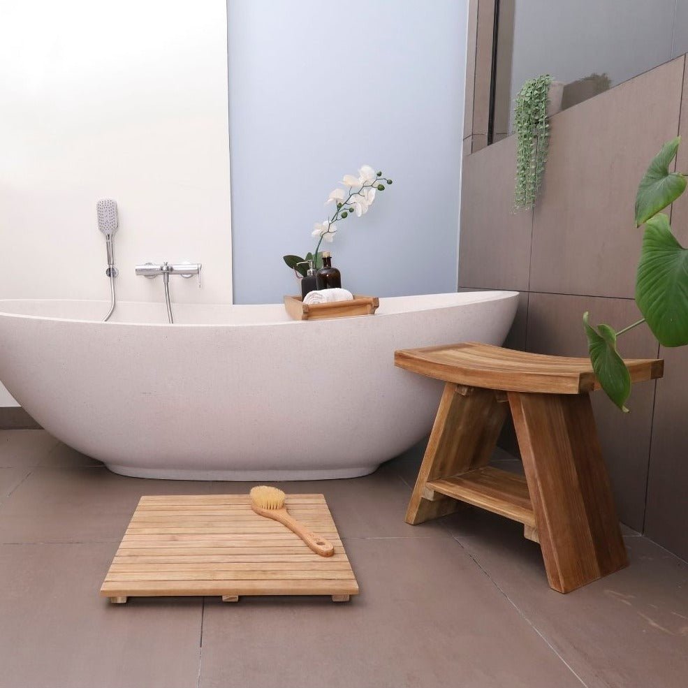 LifestyleImage_MainClaim_2_62eb1d80-f2bf-4ac2-8bf9-4e7cfe765ce5.jpg Siena Natural Teak Shower and Bath Stool with Curved Seat and Shelf - Image 1